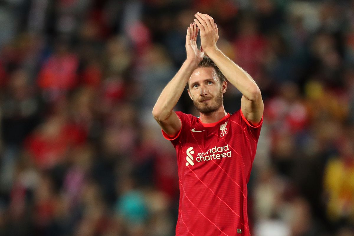 Ben Davies of Liverpool applauds the fans following victory in the Pre-Season Friendly match between Liverpool and Osasuna at Anfield on August 09, 2021 in Liverpool, England.