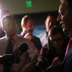 Tanner Ainge talks to reporters after the Republican debate for the 3rd Congressional District race at the Utah Valley Convention Center in Provo on Friday, July 28, 2017.