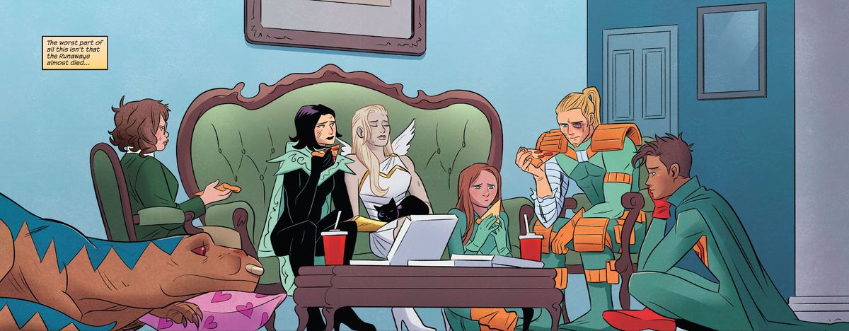 Demoralized and injured, the Runaways share a pizza in their superhero getups in Runaways #32, Marvel Comics (2020). 