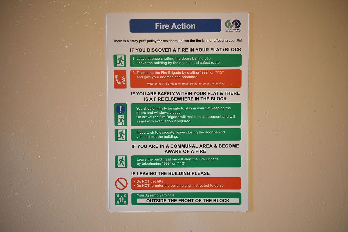 The fire safety sign encourages residents to stay in their unit if the fire is elsewhere in the building