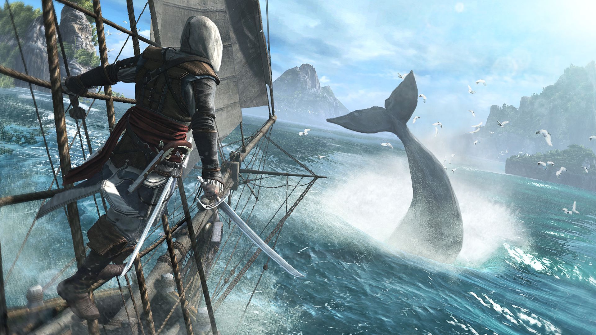 Edward Kenway spies the fluke of a whale from his pirate ship in Assassin’s Creed 4: Black Flag