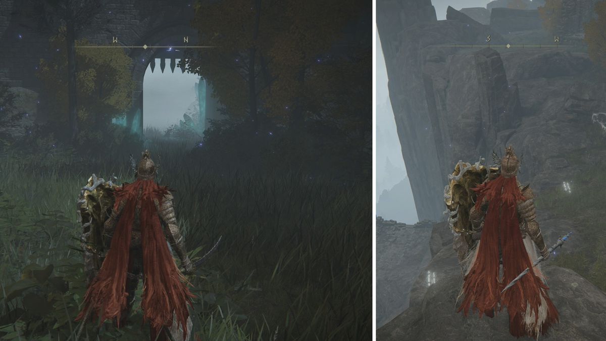 An archway (left) that leads to the ruins by the Three Sisters (right) in Elden Ring’s Caria Manor