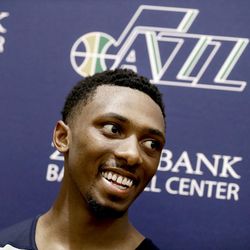 Dakarai Tucker speaks to reporters during a break from working out with the Utah Jazz at the Zions Bank Basketball Center in Salt Lake City on Friday, June 10, 2016.