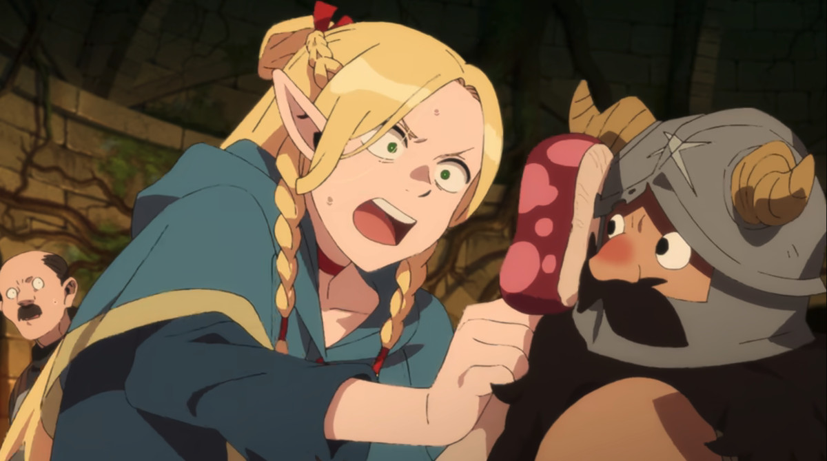 Marcille the half-elf mage furiously shoves a mushroom slice in Senshi the dwarf’s face in Netflix’s Delicious in Dungeon