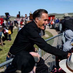 Sen. Mitt Romney, R-Utah, greets people at the Spike 150 celebration at Golden Spike National Historic Park at Promontory Summit on Friday, May 10, 2019.