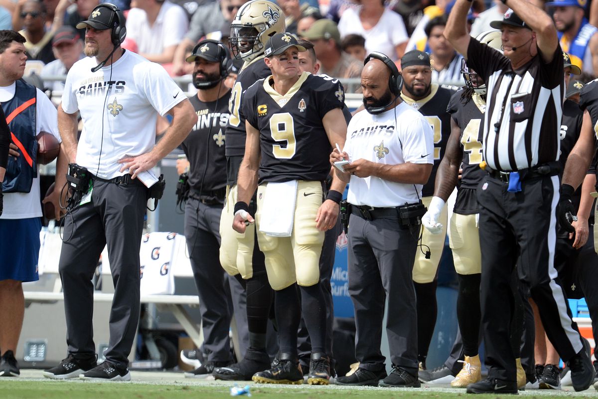 New Orleans Saints QB Drew Brees watches the Week 2 game against the Los Angeles Rams while sidelined with a thumb injury, Sep. 15, 2019.