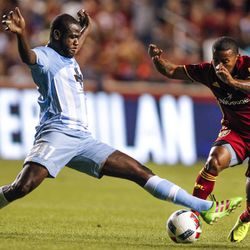 Wilmington defender Ashani Fairclough (47) fights for the ball against Real Salt Lake forward Joao Plata (10) during a U.S. Open Cup game at Rio Tinto Stadium in Sandy, Utah, Tuesday, June 14, 2016.