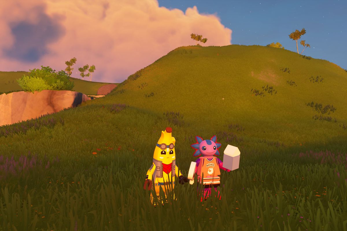 Fortnite’s Peely and axolotl as Lego characters in the Lego Fortnite mode