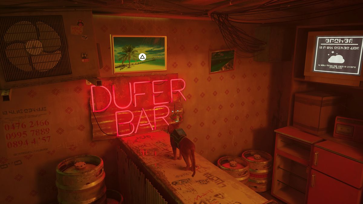 The cat in Stray stands in front of the Dufer Bar sign and prepares to knock a picture off the wall