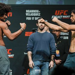 Alex Caceres and Kron Gracie square off at UFC Phoenix weigh-ins.