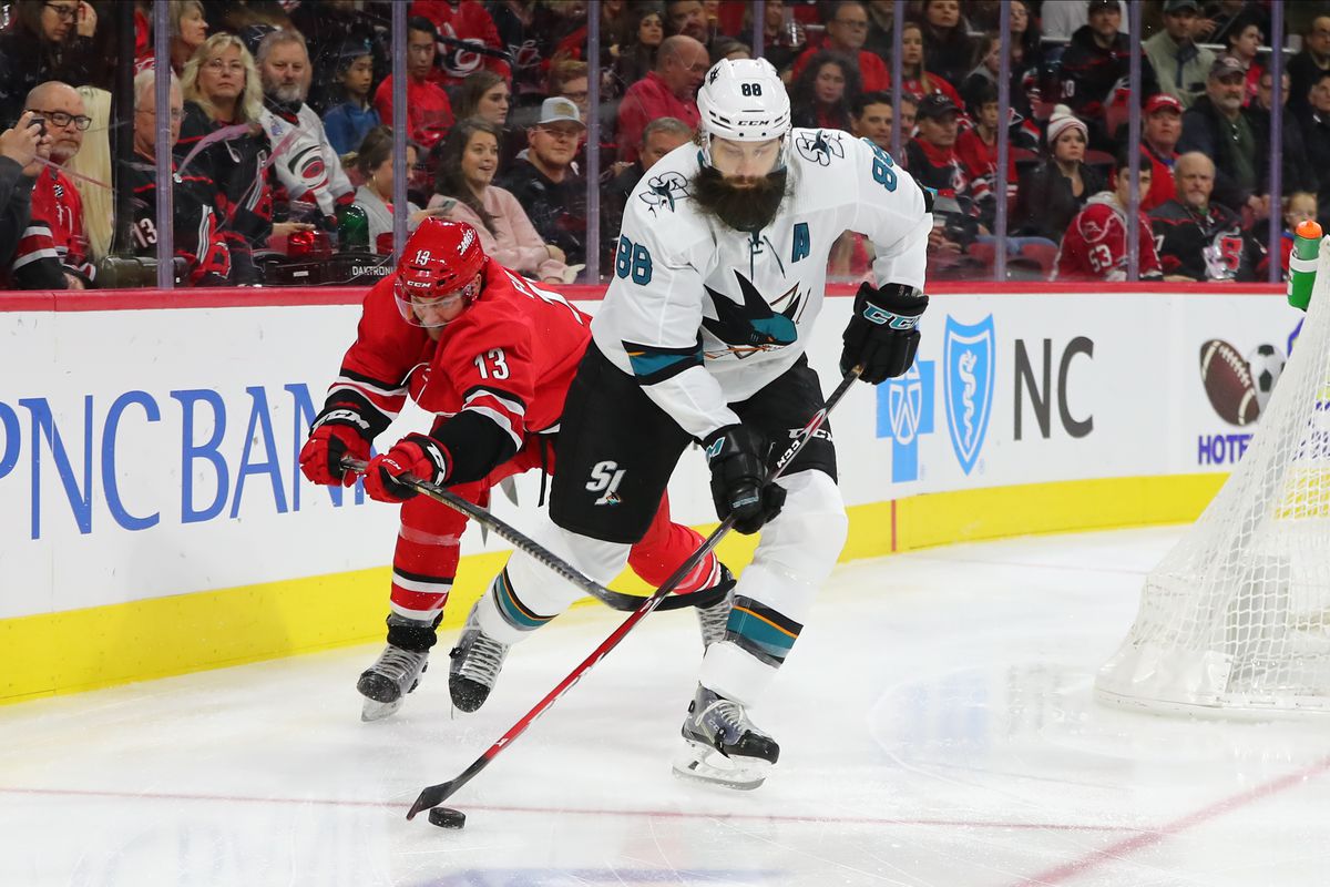 San Jose Sharks defenseman Brent Burns (88) with the puck during the first period of the Carolina Hurricanes game on December 5, 2019 at PNC Arena in Raleigh, NC.