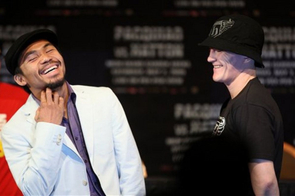 Manny Pacquiao and Ricky Hatton have been mostly smiles in the lead-up to Saturday night's fight. The smiles will go down as the gloves go on. (AP photo)