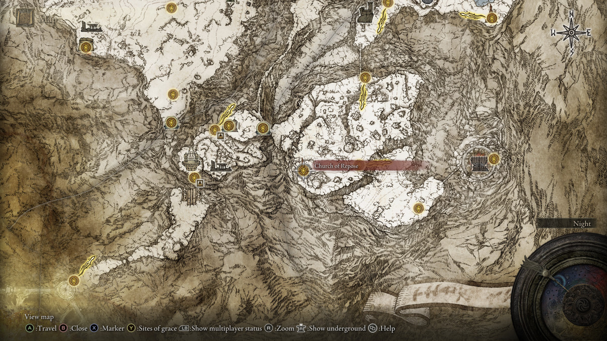 Elden Ring map showing the location of the Church of Repose in Mountaintops of the Giants.