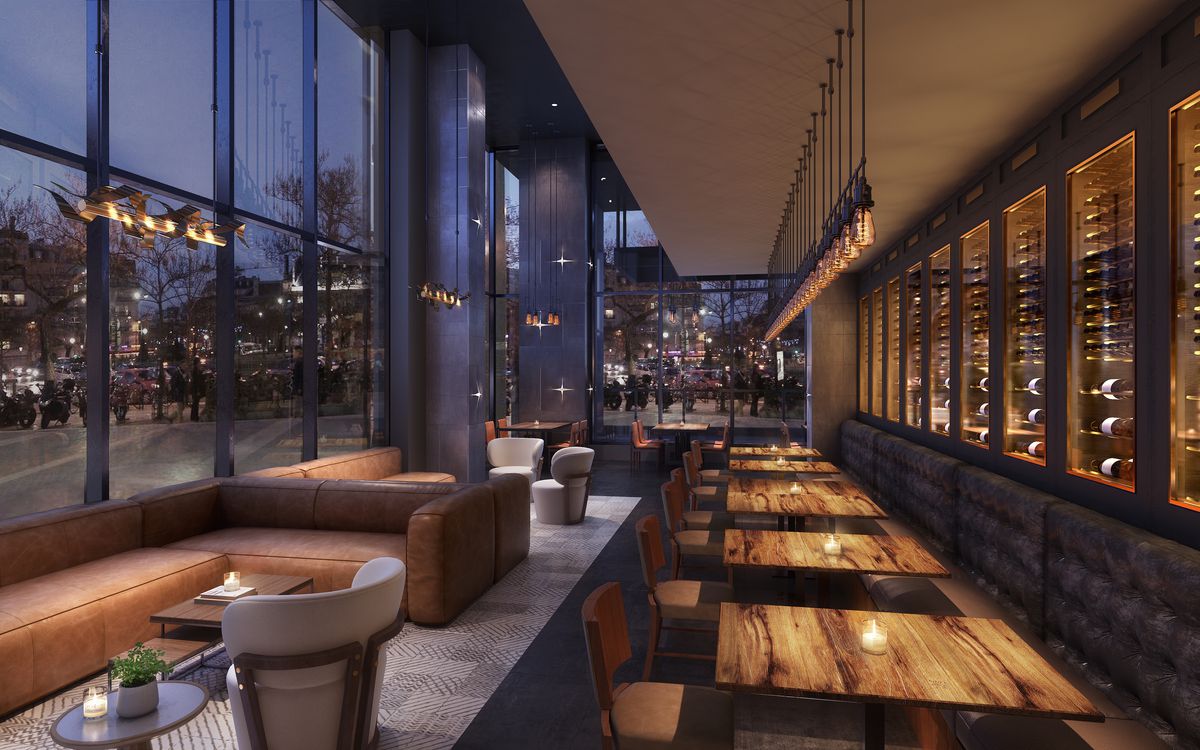 a rendering of the The lounge at Reverence overlooking the street in midtown Atlanta in the early evenining