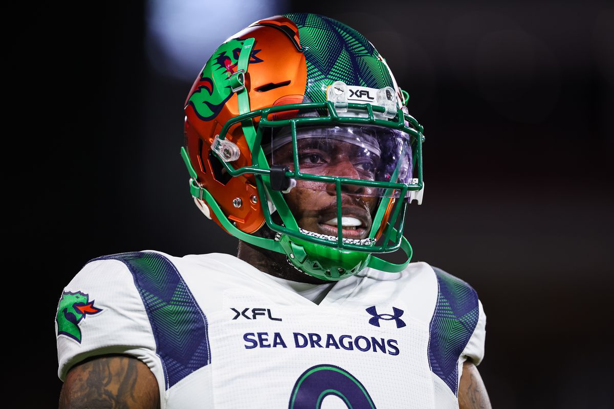 Josh Gordon #0 of the Seattle Sea Dragons in action before the XFL game against the DC Defenders at Audi Field on February 19, 2023 in Washington, DC.