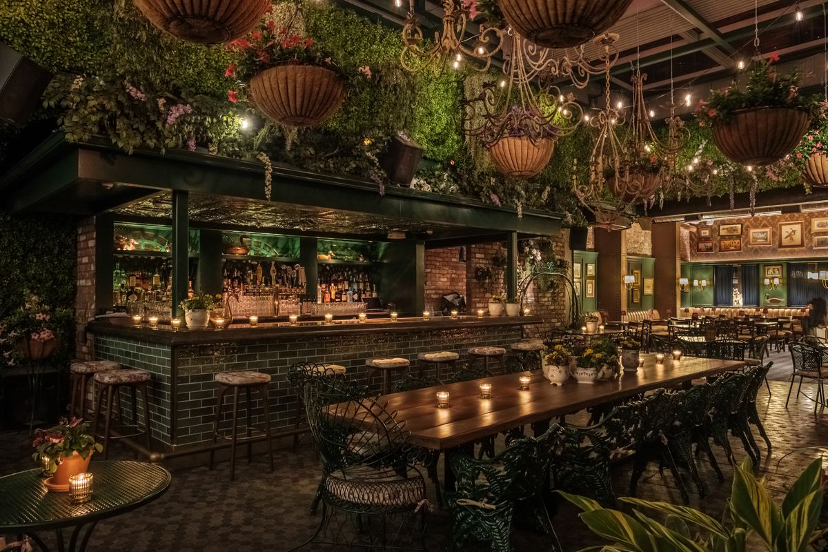 A patio dining area at night in the Chap restaurant in Hollywood, California.