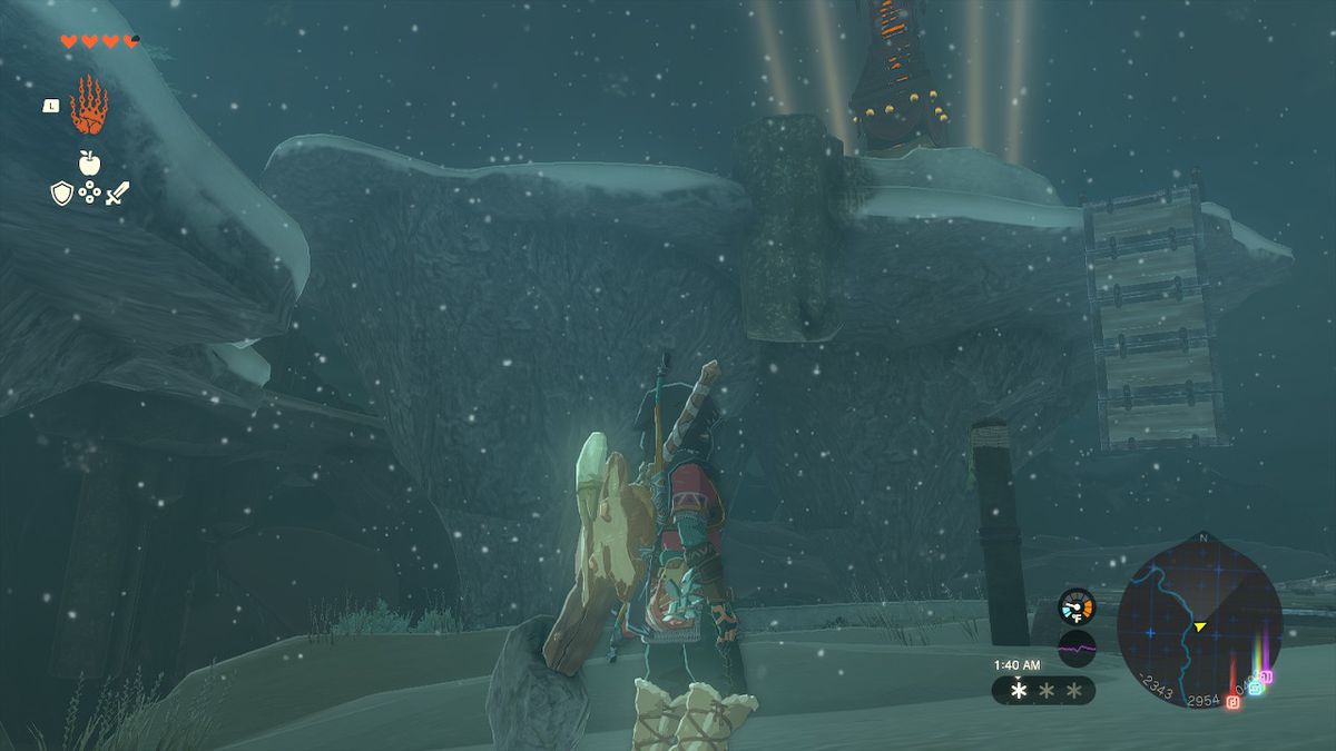 Link overlooks a broken bridge leading to a tower in Zelda: Tears of the Kingdom