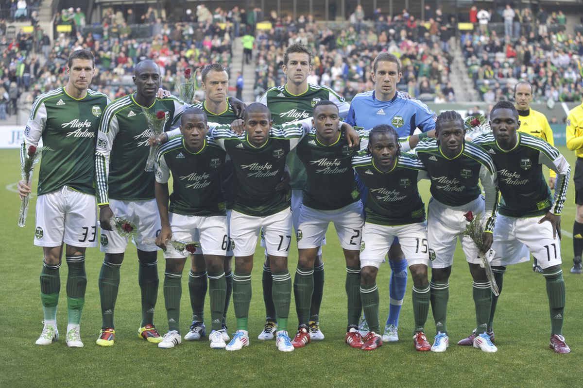 PORTLAND, OR - APRIL 30: The starting lineup of the Portland Timbers poses before the game against Real Salt Lake at Jeld-Wen Field on April 30, 2011 in Portland, Oregon. The Timbers won the game 1-0. (Photo by Steve Dykes/Getty Images)