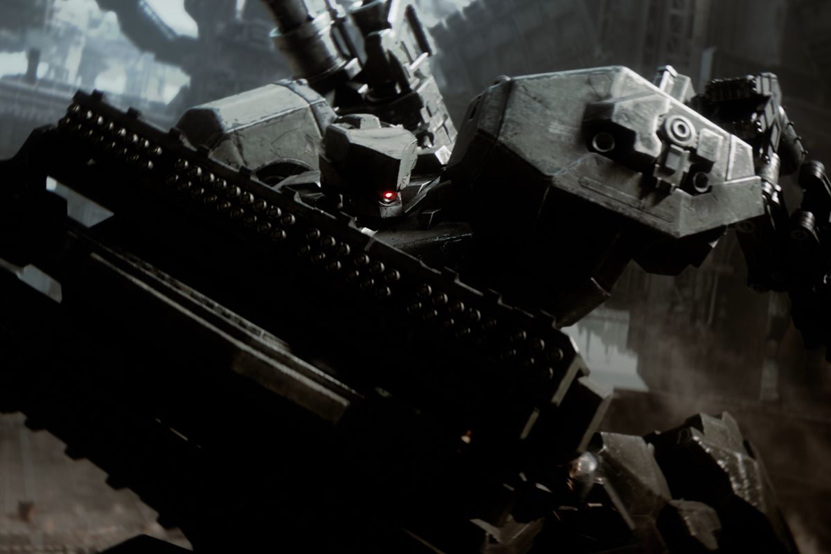 A giant black Amored Core raises a rifle in a still from the CG trailer for Armored Core 6: Fires of Rubicon