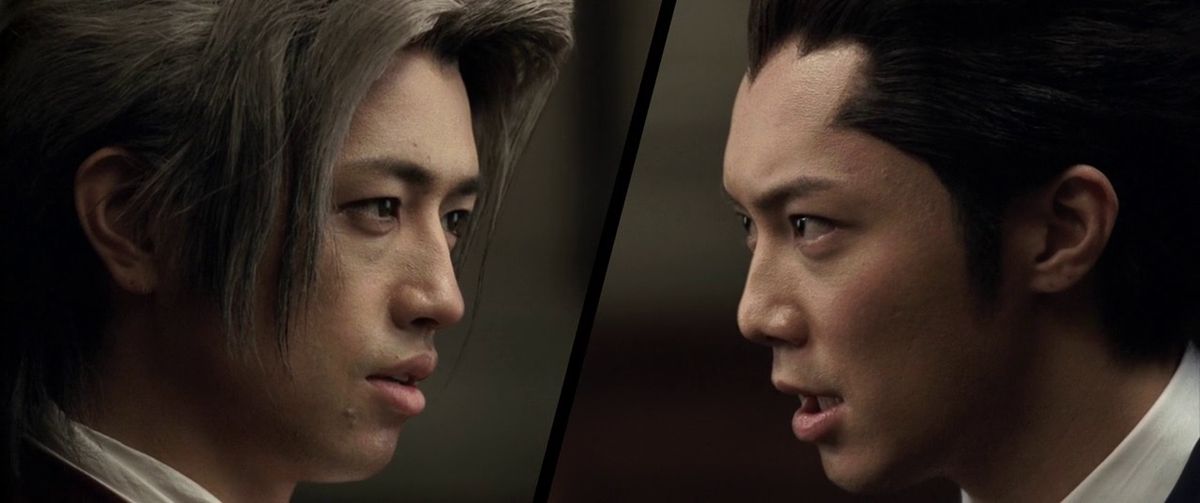 A split screen image of both lead attorneys in the live action adaptation of Ace Attorney.