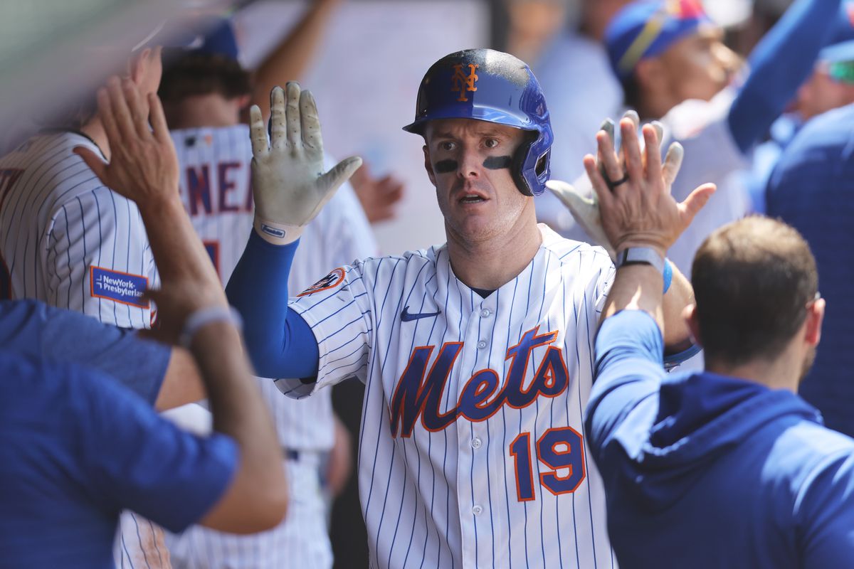 Mark Canha of the New York Mets celebrates after hitting a two-run home run against the Philadelphia Phillies in the fourth inning at Citi Field on June 01, 2023 in New York City.