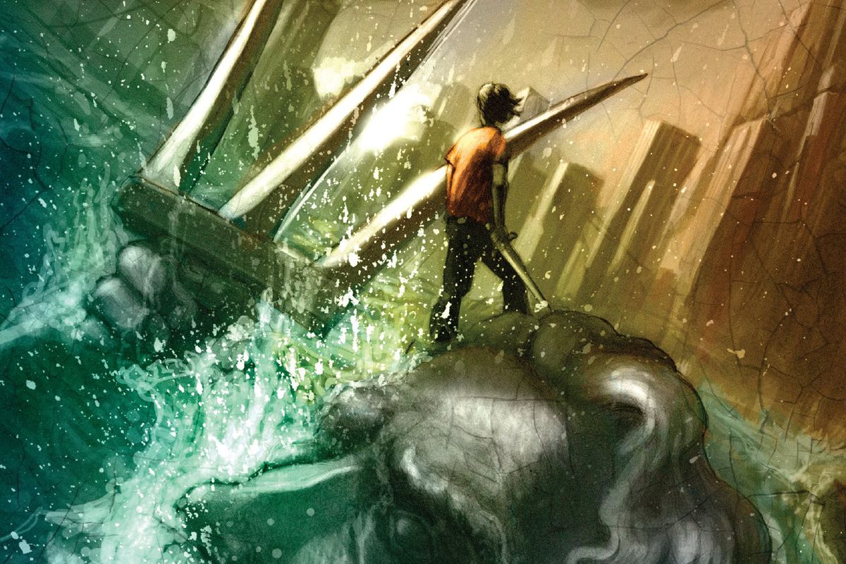 The cover of Percy Jackson and the Lightning Thief featuring Percy standing atop a fallen statue of Poseidon, his father.