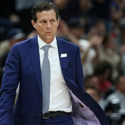 Utah Jazz head coach Quin Snyder moves to a huddle during a time out in the game against the Boston Celtics at Vivint Smart Home Arena in Salt Lake City on Wednesday, March 28, 2018.