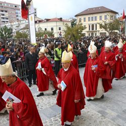 Catholic cardinals enter the cathedral in the northern city of Shkoder, Albania, which celebrated the beatification of 38 Catholic martyrs executed or tortured to death during the former communist regime Saturday, Nov. 5, 2016. Albanians celebrated their beatification after Pope Francis had officially recognized as martyrs Archbishop Vincens Prenushi and 37 other priests who died in prison or were murdered in 1945-1974 by the late communist dictator Enver Hoxha's regime. 