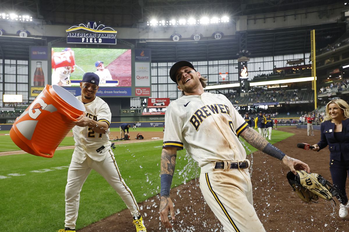 Brice Turang of the Milwaukee Brewers has Gatorade poured on him after winning the game against the New York Mets at American Family Field on Monday, April 3, 2023 in Milwaukee, Wisconsin.