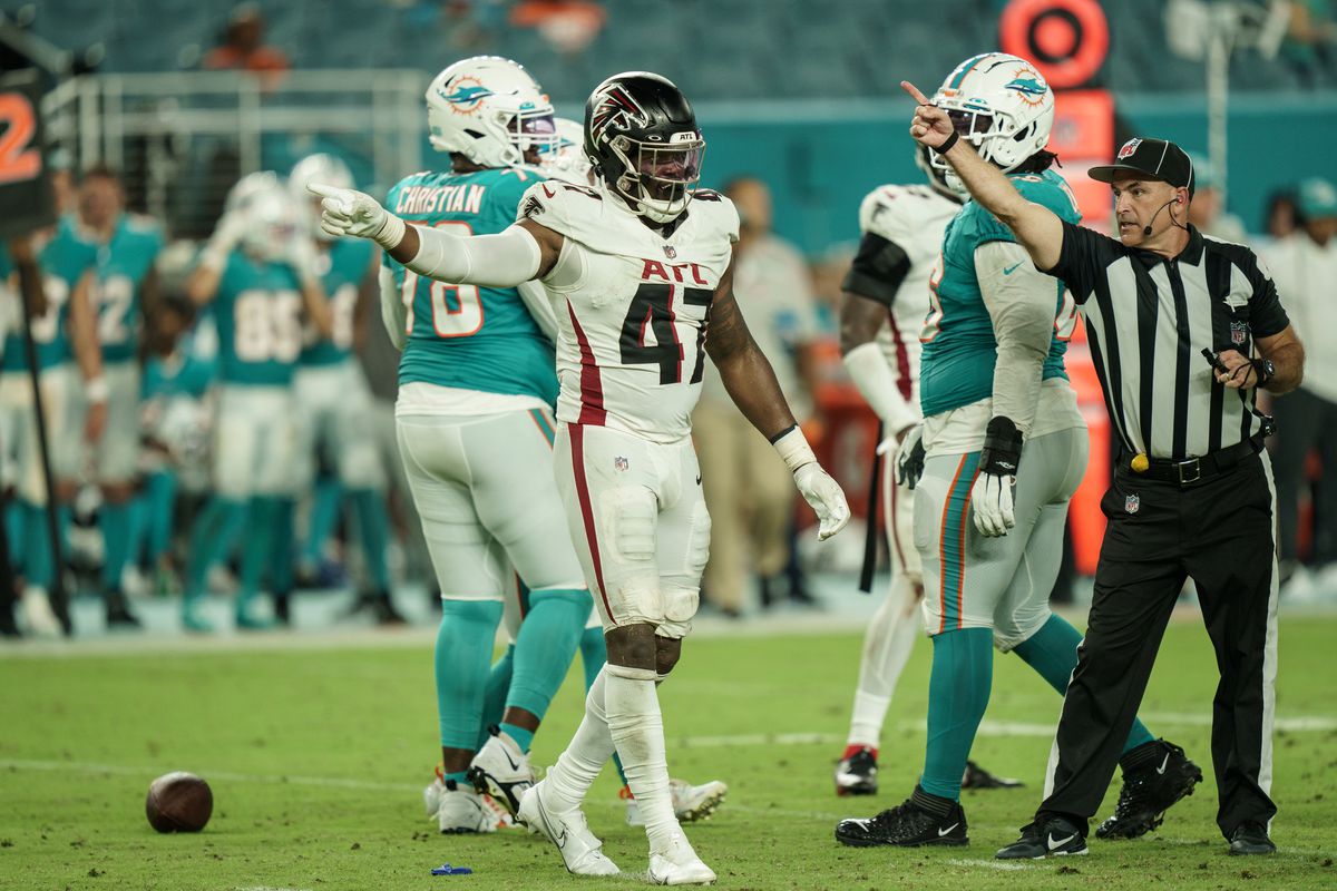 Arnold Ebiketie celebrates his sack and fumble recovery in the Falcons 19-3 win over the Miami Dolphins.