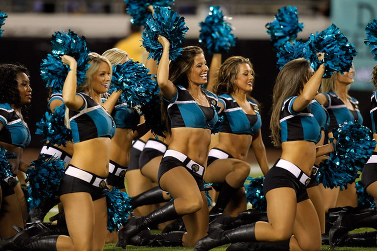 JACKSONVILLE FL - OCTOBER 18:  Cheerleaders of the Jacksonville Jaguars perform during the game against the Tennessee Titans during the game at EverBank Field on October 18 2010 in Jacksonville Florida.  (Photo by J. Meric/Getty Images)