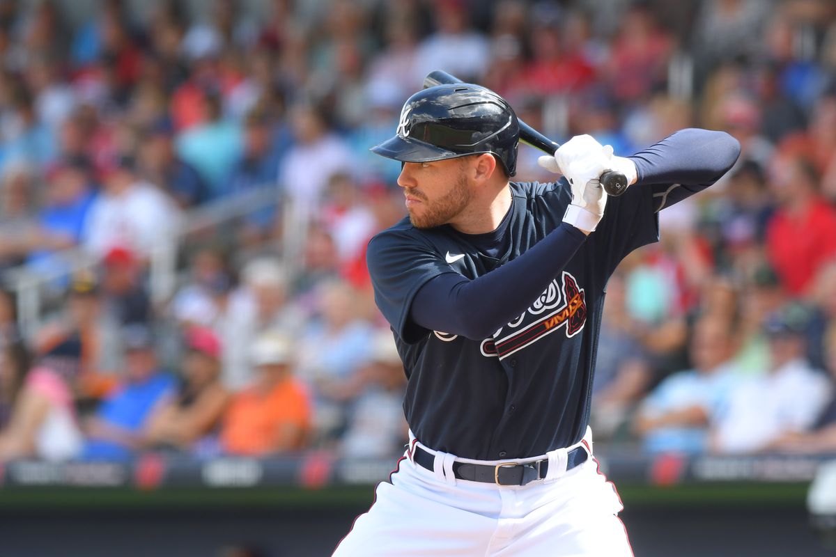 Freddie Freeman of the Atlanta Braves bats during the Spring Training game against the Detroit Tigers at CoolToday Park on February 23, 2020 in North Port, Florida. The Tigers defeated the Braves 5-1.