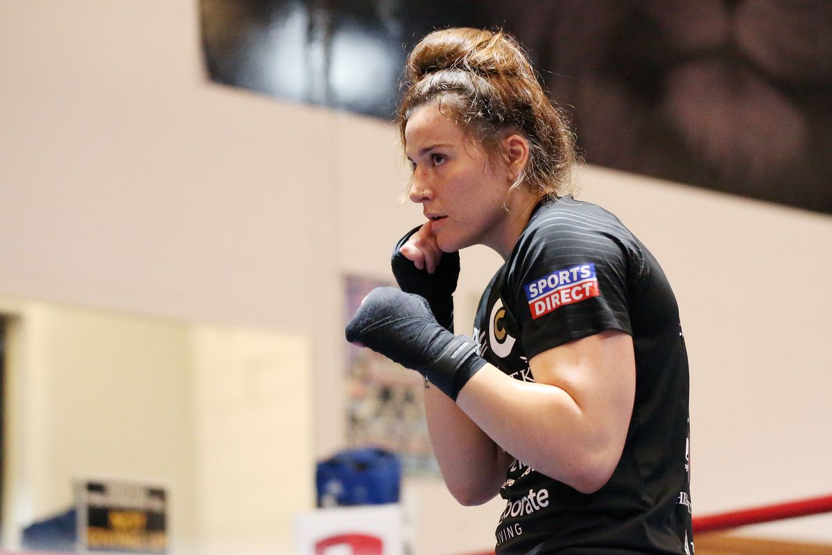 Chantelle Cameron in action during the Chantelle Cameron media workout ahead of their WBC, IBF and Ring Magazine Super-Lightweight World Title fight with Mary McGee at V.I.P Gym on October 20, 2021 in Manchester, England.