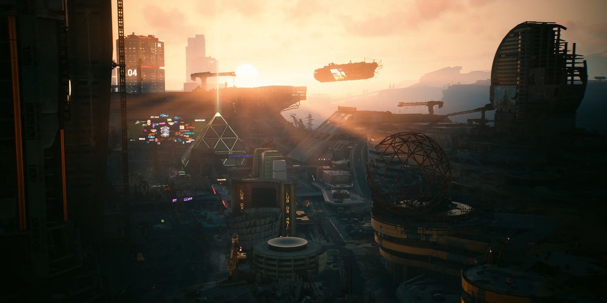 The sun sets over the Dogtown strip which is dominated by a neon green pyramid in a screenshot from Cyberpunk 2077: Phantom Liberty.