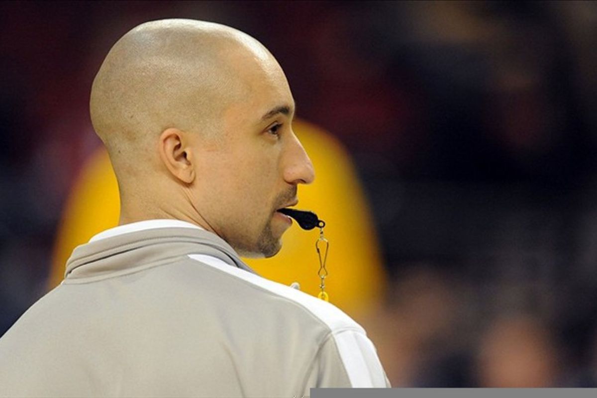 Mar 14, 2012; Portland, OR, USA : Virginia Commonwealth Rams head coach Shaka Smart looks on as his team practices before the first round of the 2012 NCAA men's basketball tournament at the Rose Garden.  Mandatory Credit: Steve Dykes-US PRESSWIRE