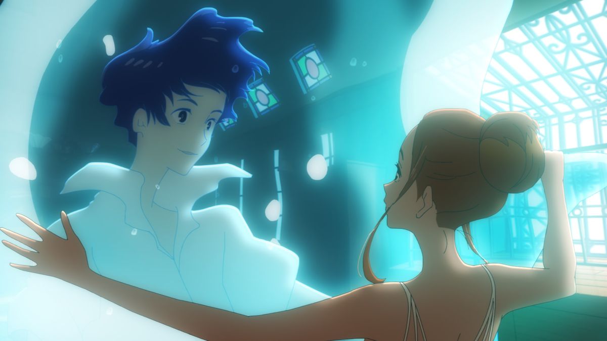 Hinako sees Minato in a wave of water in Ride Your Wave.