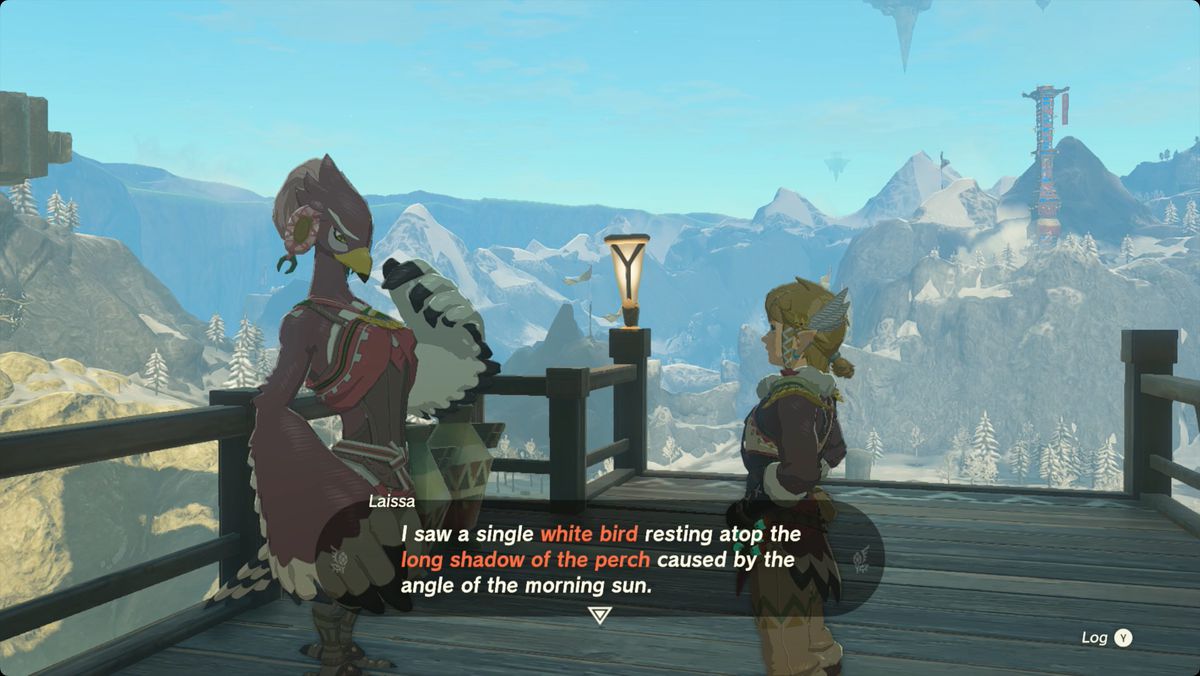 The Legend of Zelda: Tears of the Kingdom Link speaking to Laissa in Rito Village