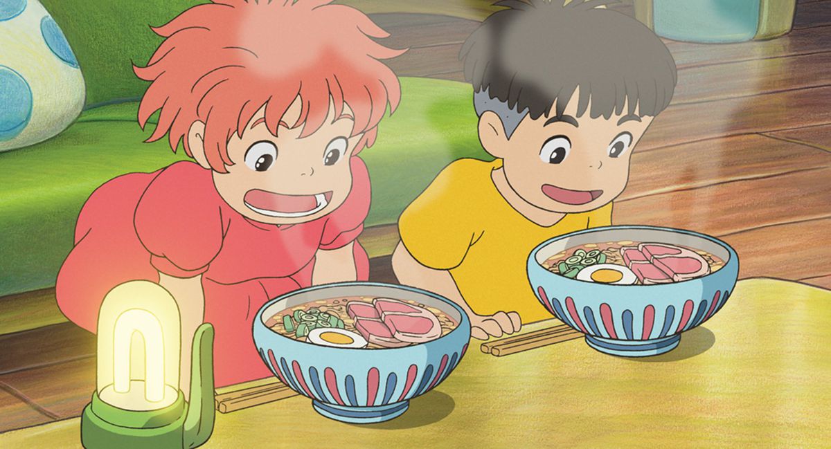 (L-R) Ponyo and Sōsuke staring intently at two bowls of pork cutlet ramen in Ponyo.