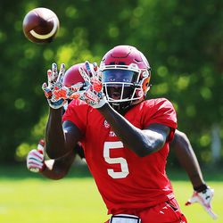 Tyquez Hampton makes a catch as the University of Utah practices in Salt Lake City on Tuesday, Aug. 1, 2017.