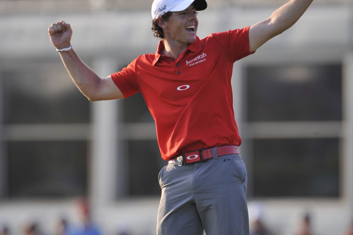 Aug, 12, 2012; Kiawah Island, SC, USA; Rory McIlroy celebrates at the 18th hole hole during the Final Round of the 94th PGA Championship at The Ocean Course of the Kiawah Island Golf Resort.  Mandatory Credit: Bruce Chapman-US PRESSWIRE