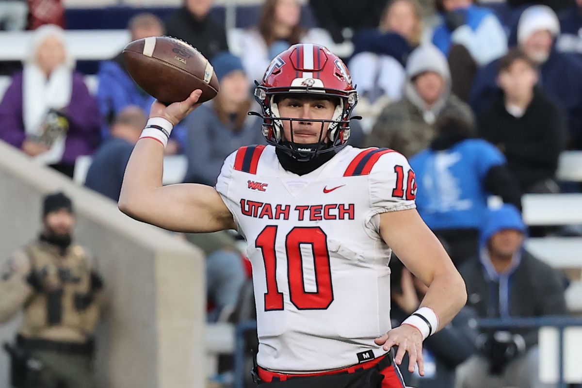 Utah Tech Trailblazers quarterback Victor Gabalis passes the ball against the Brigham Young Cougarsin the fourth quarter at LaVell Edwards Stadium.