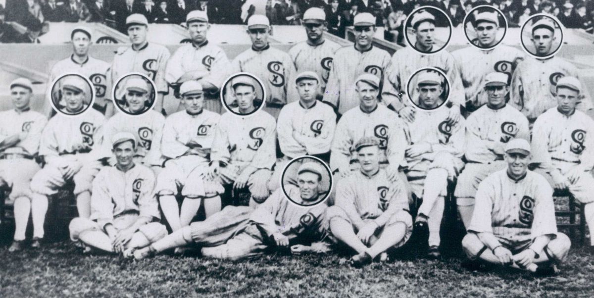 The eight guilty players appear in this picture of the World Champion White Sox of 1917. From left to right, the so-called “Black Sox ” from 1919 are: front row, Weaver; seated, Felsch, Cicotte, McMullin, and Jackson; standing, Risberg, Gandil and William
