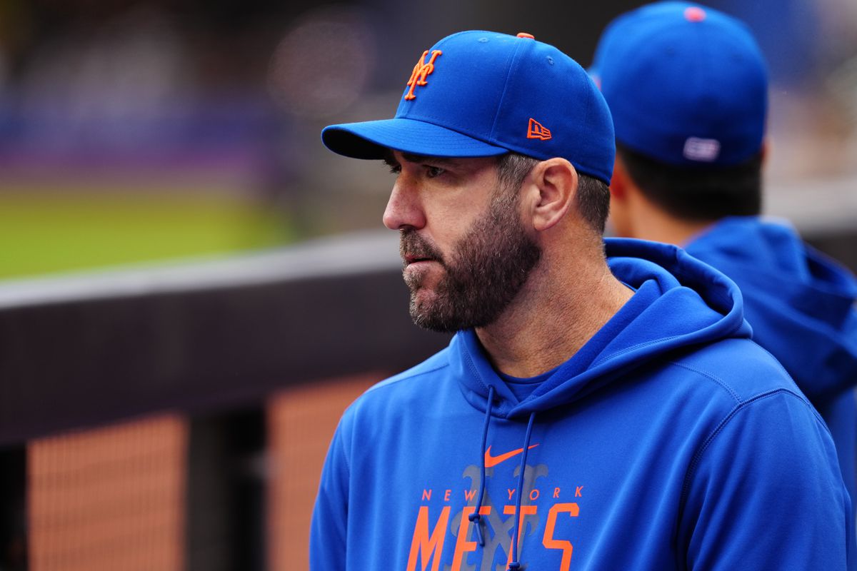 Justin Verlander of the New York Mets looks on from the dugout during the game between the Miami Marlins and the New York Mets at Citi Field on Friday, April 7, 2023 in New York, New York.