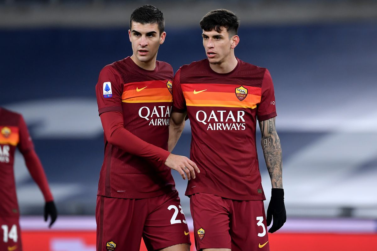 Gianluca Mancini and Roger Ibanez of AS Roma during the...