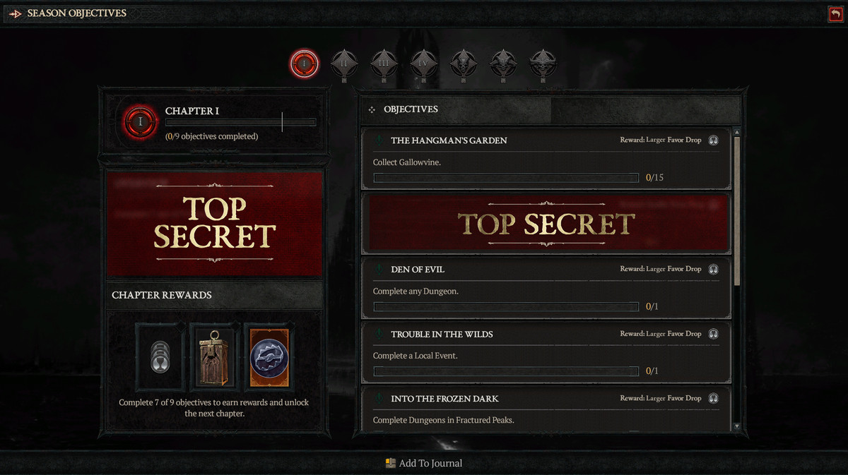A menu screen showing achievement-style objectives and rewards in Diablo 4, with some masked with TOP SECRET signs