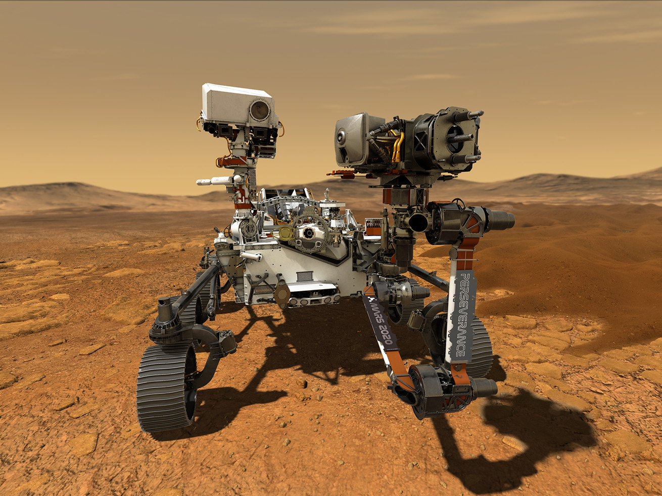 An artist’s rendering of the Perseverance rover on Mars.