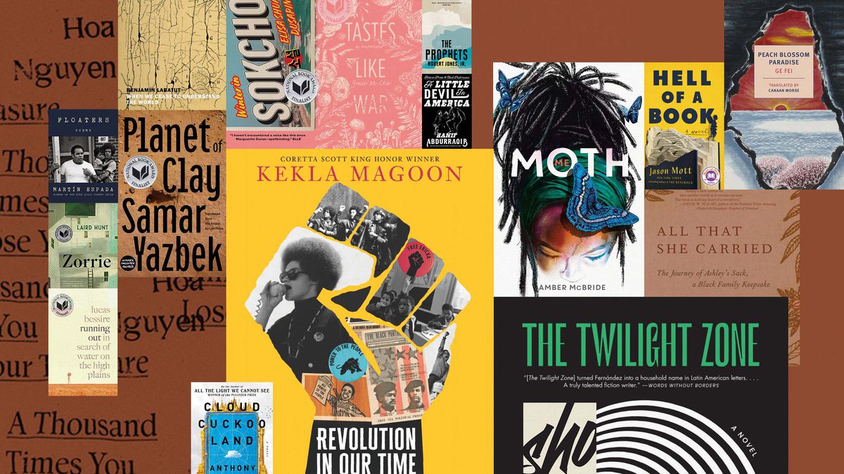 A collage of book covers from the books nominated for the National Book Award.
