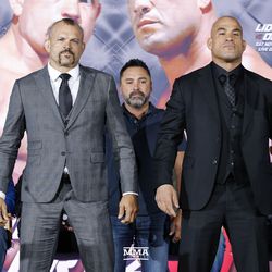 Chuck Liddell and Tito Ortiz pose at the final Liddell vs. Ortiz 3 press conference in Inglewood, Calif.