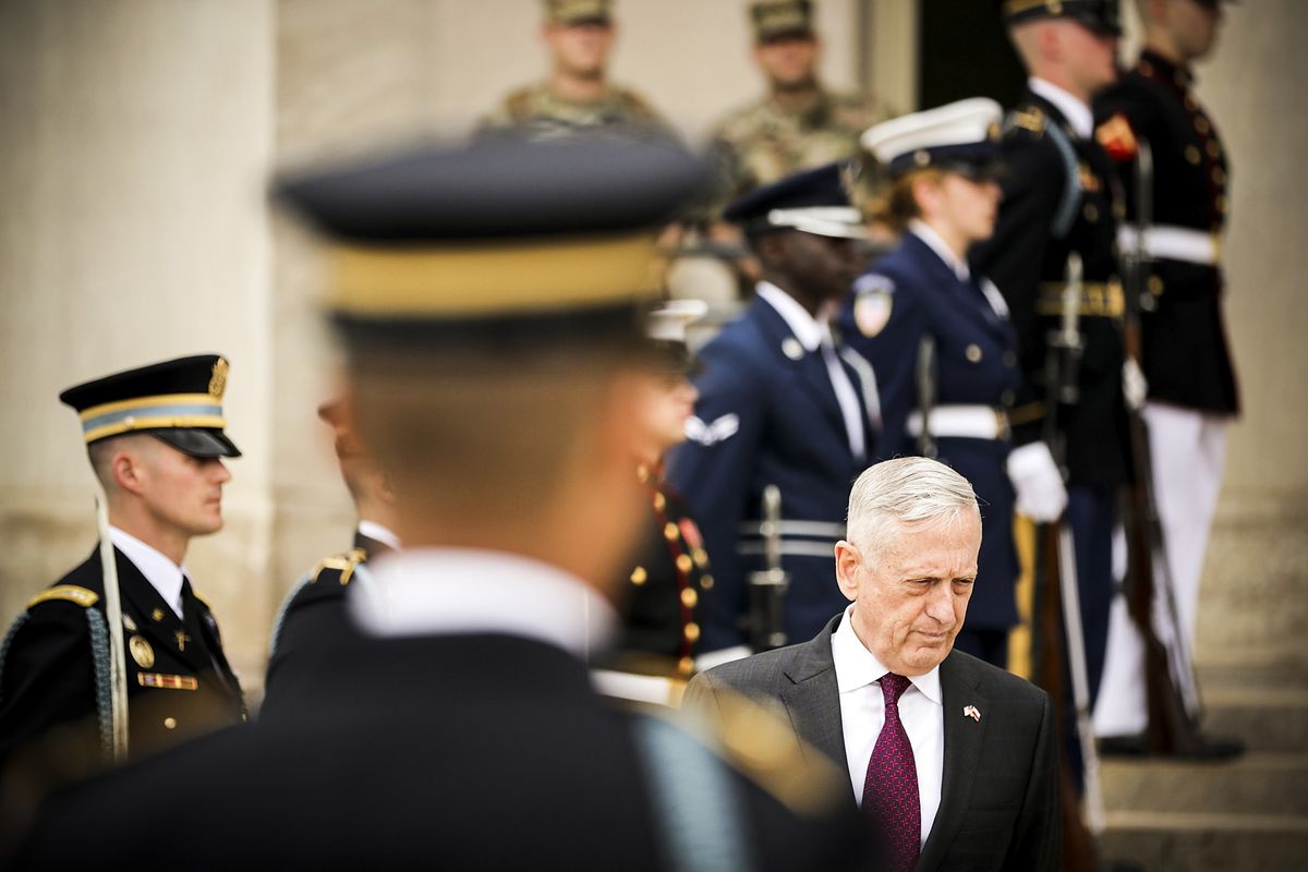 Defense Secretary James Mattis awaits the arrival of Polish Defense Minister Mariusz Blaszczak on April 27, 2018.