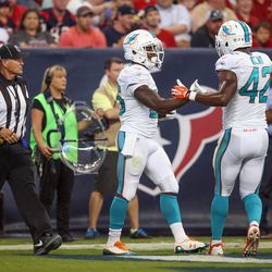 Aug 17, 2013; Houston, TX, USA; Miami Dolphins running back Lamar Miller (26) celebrates scoring a touchdown with fullback Charles Clay (42) during the first half against the Houston Texans at Reliant Stadium.